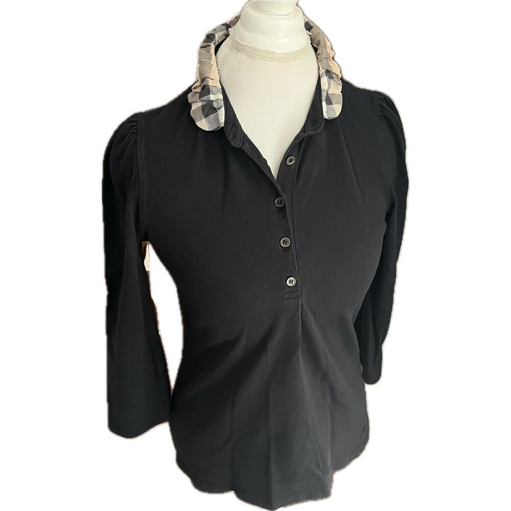 Burberry Brit Nova Check Collar Stretch Cotton Polo Top 3/4 Sleeve L